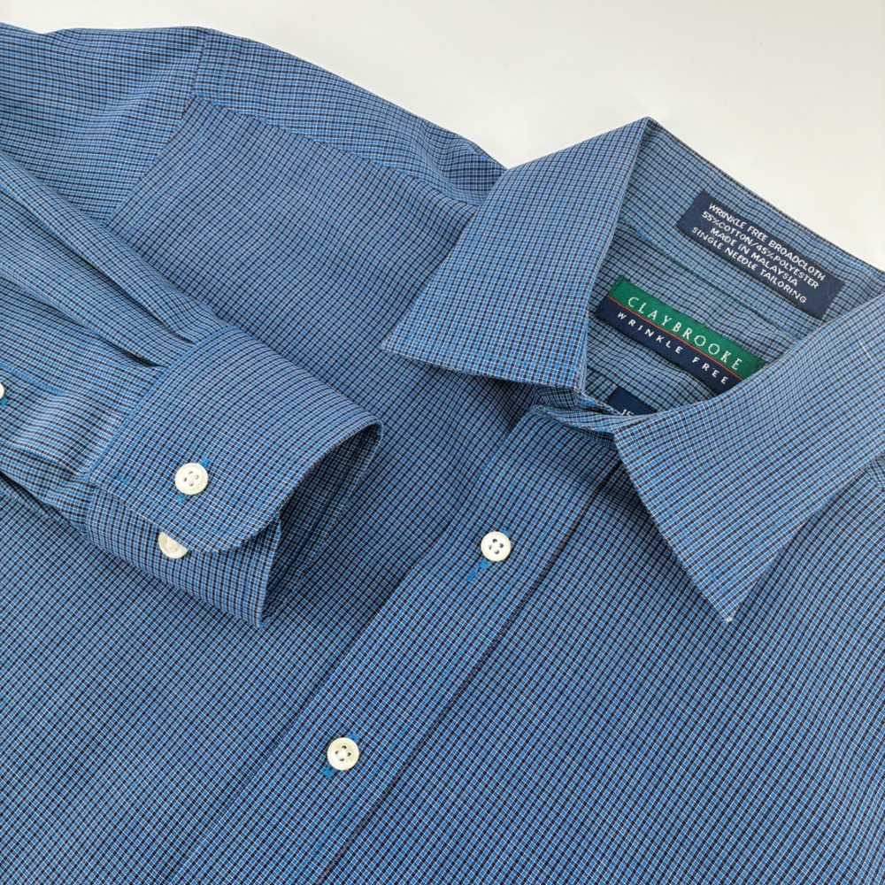 Claybrooke Mens Blue Black Micro Check Wrinkle Free Dress Shirt 15 32/33